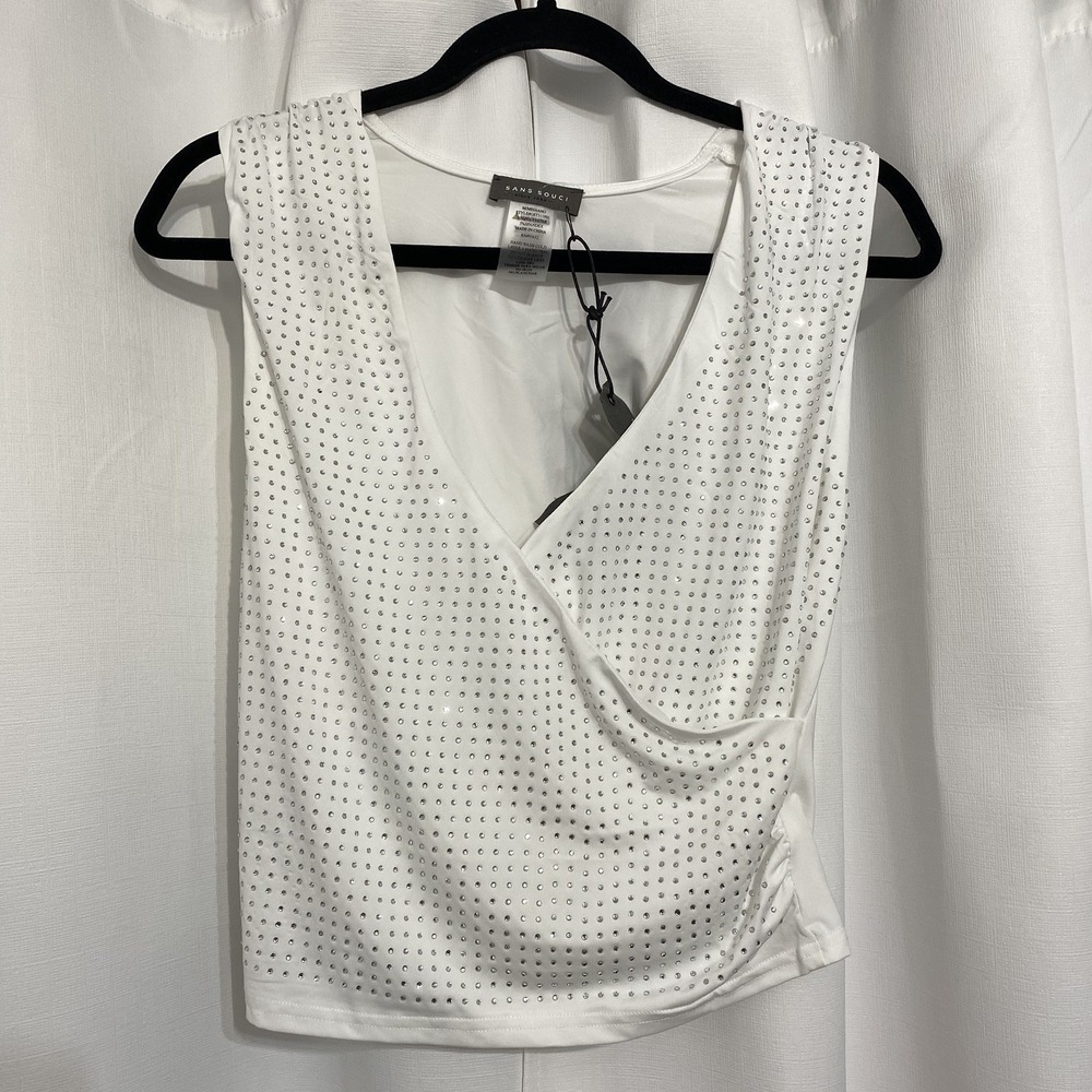 Sans Souci Women's Medium White Sleeveless Blouse w/‎ Rhinestones NWT